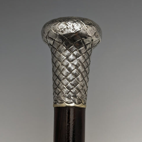 1901 British antique gentleman's walking stick, pure silver, engraved pattern, round handle, 89cm